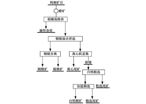 從鎢銅硫礦石中綜合回收黃銅礦、白鎢礦和硫鐵礦的選礦方法