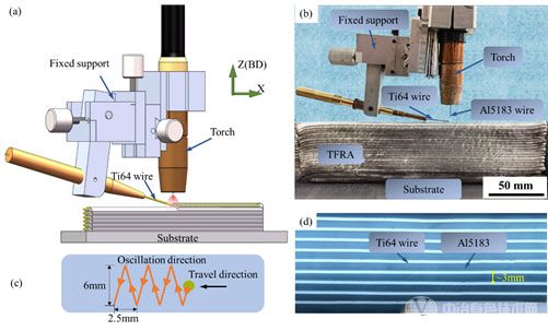圖1 (a)纖維增強(qiáng)增材制造工藝原理圖;(b)纖維增強(qiáng)增材制造裝置實(shí)物圖;(c)擺動(dòng)打印路徑示意圖;(d)TFRA構(gòu)件中Al5183和Ti64纖維的X射線(xiàn)測(cè)試結(jié)果