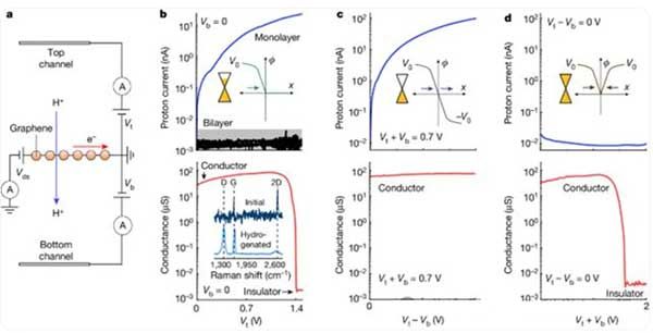 雙柵極石墨烯器件中質(zhì)子傳輸和氫化的選擇性控制