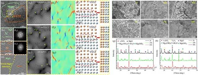 圖4. 膜層中(101) YSTZ和(111) MgO之間的半共格界面關(guān)系及膜層在3.5 wt.% NaCl溶液中浸泡3 h、24 h和48 h形貌和XRD
